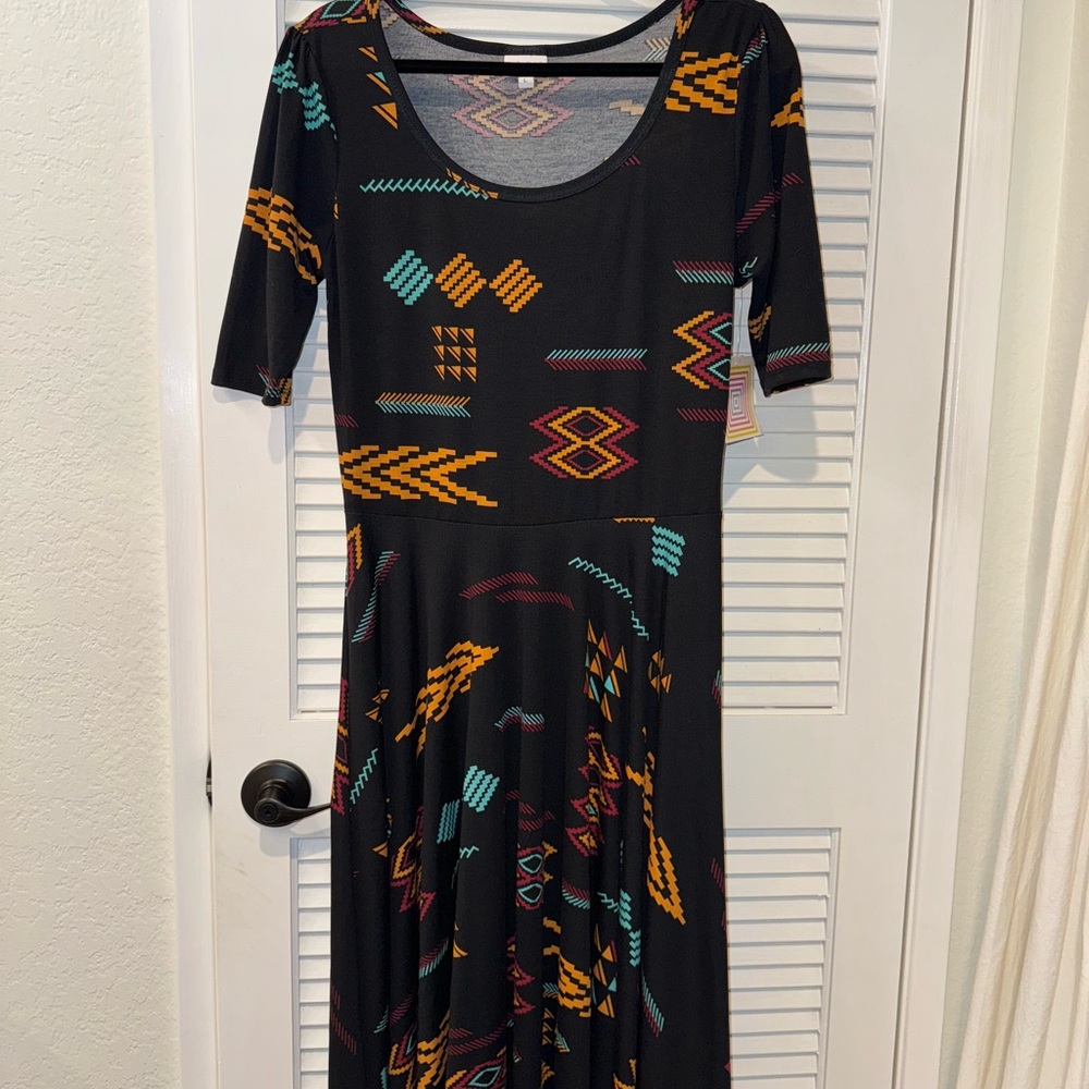 LuLaRoe Black and Orange Midi Sundress with Scoop Neck